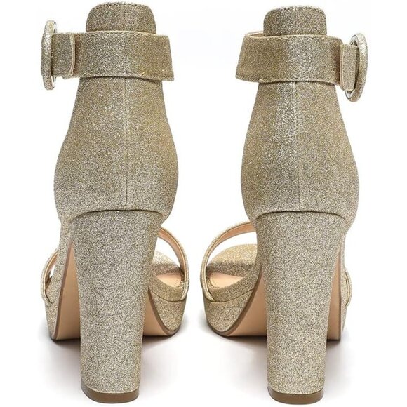 Amoji Women Glitter-gold Faux Suede Open Toe High Heel Chunky Platform Sandals - Picture 4 of 8